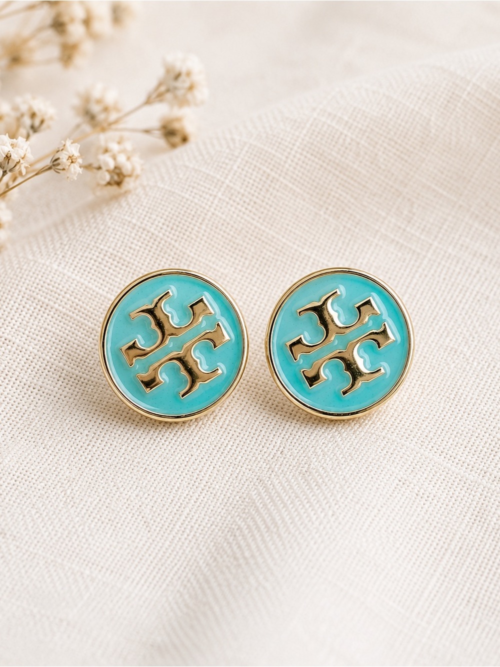 Tory Burch Turquoise and Gold Round Logo Stud Earrings